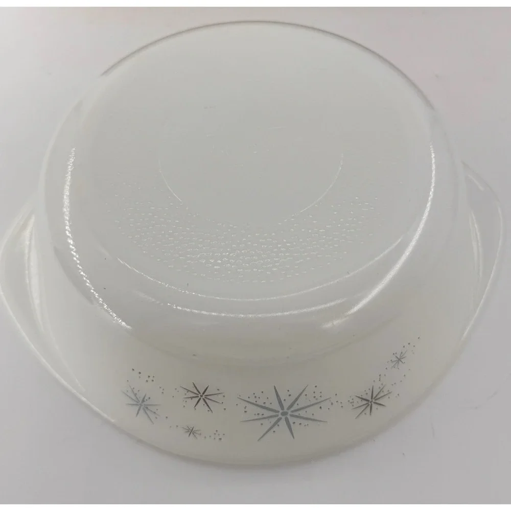 Vintage Glasbake 4 Quart Milk Glass Casserole Dish Blue Starburst Atomic‎ J-2354